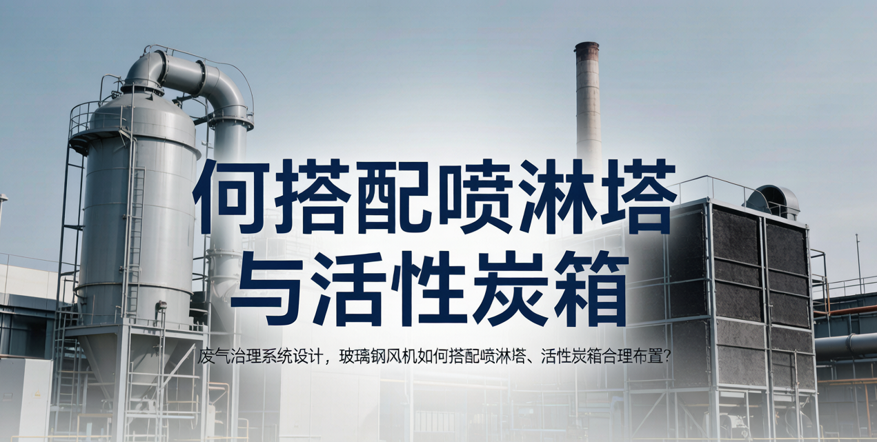 废气治理系统玻璃钢风机与喷淋塔活性炭箱布置示意图